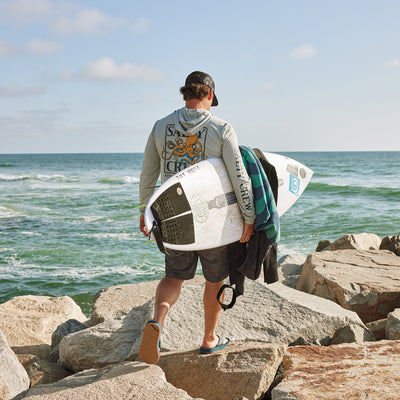 Cobian® ambassador, Damien Hobgood, walking in the Draino 3™ Blue checking out the surf on a jetty #color_blue