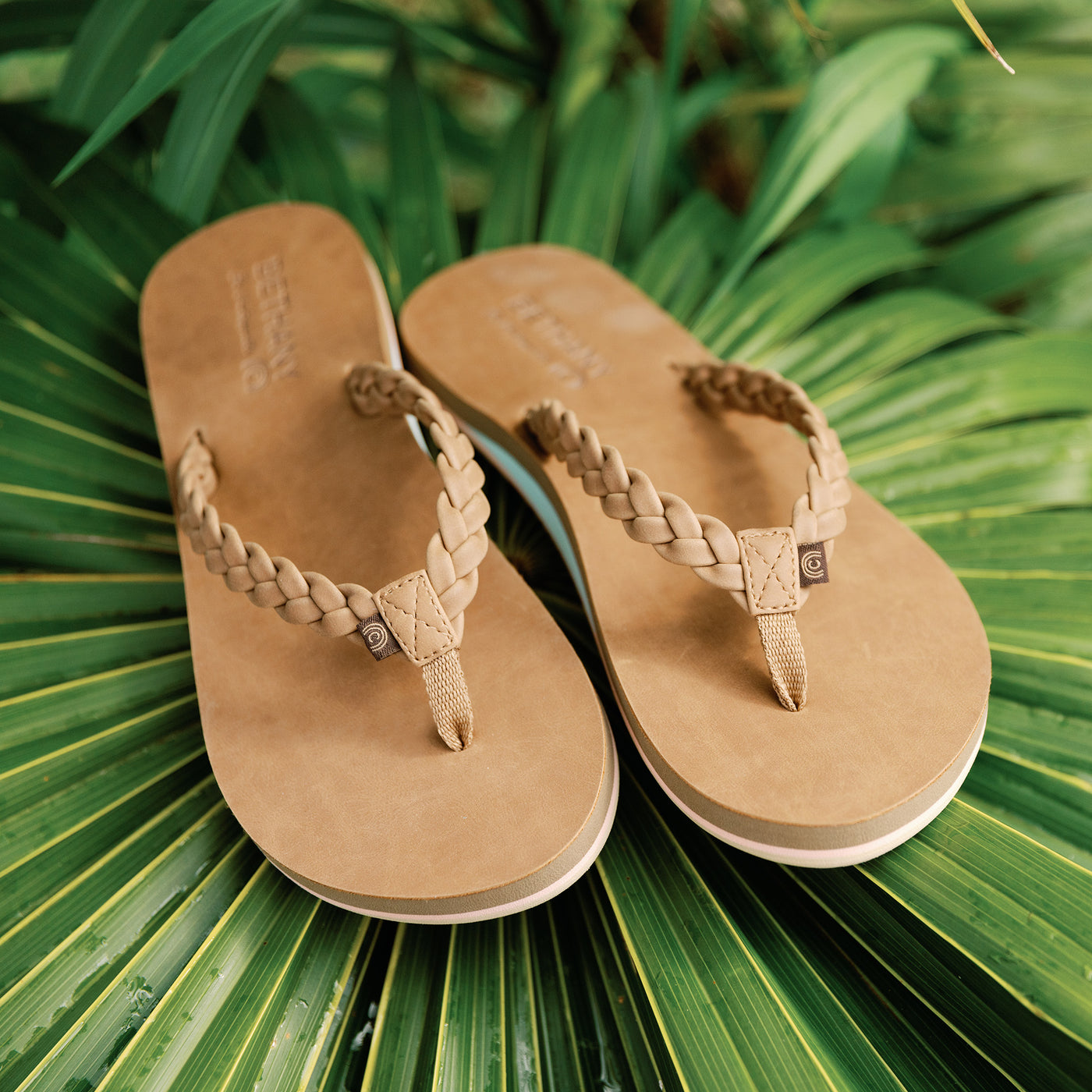 A pair of Bethany Braided Pacifica sandals in tan color on top of a green palm leaf Tan #color_tan